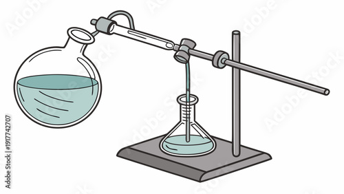 Laboratory distillation apparatus setup with flask, condenser, and collection vessel on a metal stand