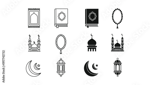 Islamic symbols set, black silhouettes on white background