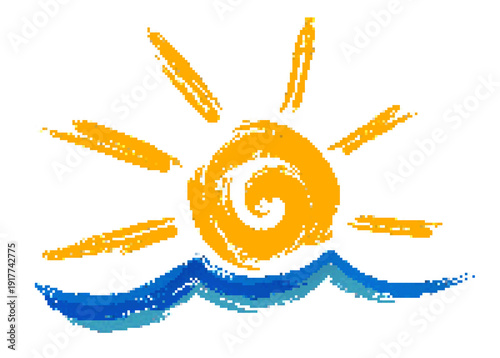 A sun dawn pixel symbol in the sea.