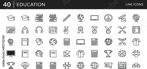 Education Line Icon Set with School Supplies Graduation Books Calculator Laptop and Academic Symbols for Learning Apps Websites and Infographics