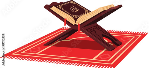 Open holy Quran book on a wooden rehal stand, placed on a red prayer rug with intricate patterns. Isolated vector illustration on a transparent background.
