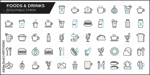 Food and Drinks Line Icon Set with Coffee Burger Cocktail Milk Bread and Restaurant Menu Outline Vector Symbols Collection