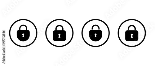 Simple locked padlock icon set in circular outline. Security protection symbol. Privacy access control sign