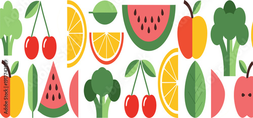 Fresh Fruits and Vegetables Flat Illustration Set with Watermelon Orange Cherry Apple Broccoli and Healthy Organic Food Elements for Nutrition Design