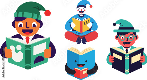 Five Christmas reading vector illustration set. Features characters in festive hats happily engaged in reading books, including a businessman, a clown