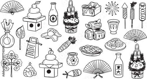 Black and white illustration of various japanese objects isolated on transparent background