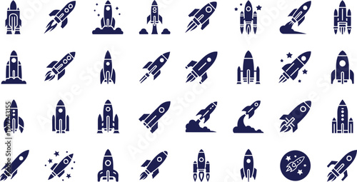 Collection of various rocket ship designs isolated on transparent background