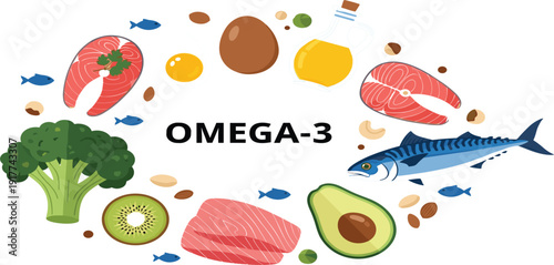 Omega 3 Healthy Food Illustration with Fish Salmon Avocado Nuts and Broccoli Nutrition Source Elements for Diet Wellness and Medical Design