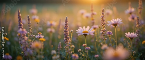Colorful flowers bloom in a field during sunrise near a quiet landscape
