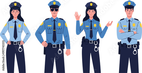 Police Officer Character Set with Male and Female Uniformed Law Enforcement Avatars Standing Waving and Smiling for Security Service and Authority Design