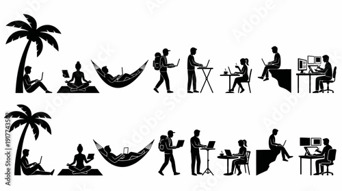 Digital Nomad Silhouettes Working Remotely with Laptop and Travel Lifestyle
