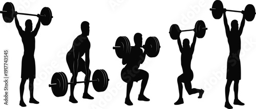 Weightlifting Silhouette Set with Barbell Squat Deadlift and Overhead Press Exercises Bodybuilding Strength Training and Gym Workout Vector Illustration