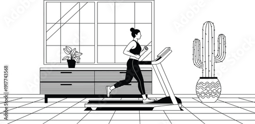 Woman Running on Treadmill at Home Minimal Line Art Fitness Illustration with Modern Interior Healthy Lifestyle Workout and Indoor Training Concept