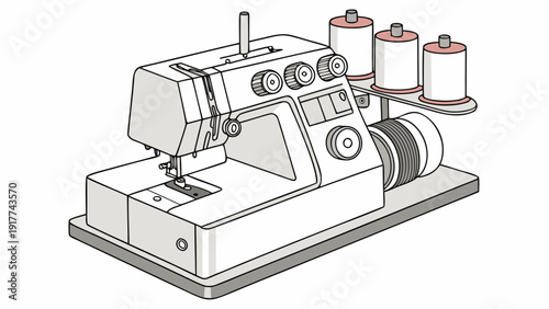 Industrial Sewing Machine with Thread Spools on Stand, Crafting, Equipment, Manufacturing, Factory