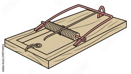 An illustration of a traditional wooden mousetrap with spring mechanism and metal hook, viewed from above in a detailed perspective.