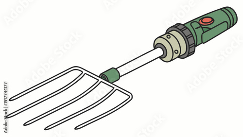 A green handled garden fork lies ready for gardening tasks in a simple illustration