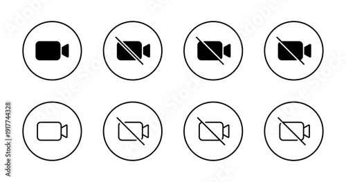 Enable and disable video camera icon in circular outline. Webcam active and mute symbol
