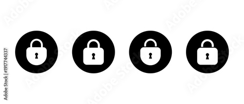 Locked padlock icon set in black circle. Security protection symbol. Privacy access control sign