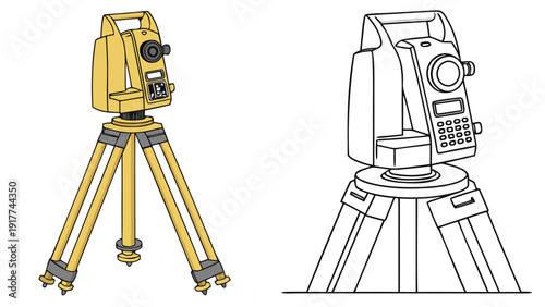 Survey equipment illustrated on tripod from front and side view