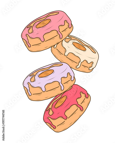 Four glazed donuts with pink, white and purple icing. Hand drawn vector in a clean flat cartoon style. Sweet bakery dessert object for cafe menus, packaging, branding, posters.