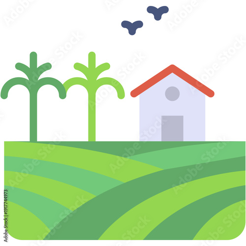 Countryside Field with Farmhouse Vector Icon