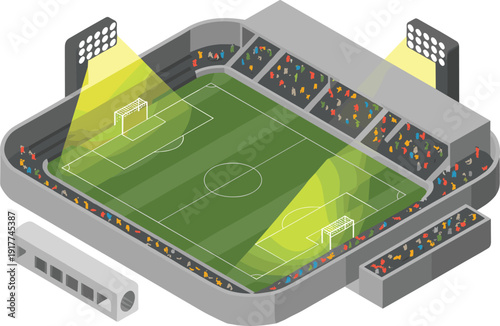 Isometric 3D soccer stadium with illuminated floodlights cheering crowd and detailed football field arena sports illustration concept,