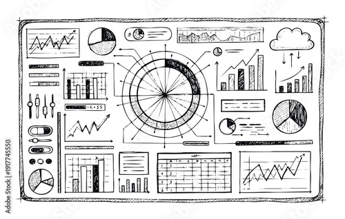 Hand drawn infographic elements on a dashboard presenting data visualization for business analysis and marketing strategy, suitable for presentations or educational materials