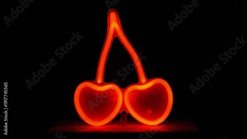 Glowing neon cherry symbol with vibrant red light on black background
