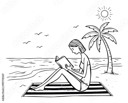 Young woman enjoying a sunny day reading a book on a sandy beach under a palm tree perfect for summer vacation and leisure lifestyle projects