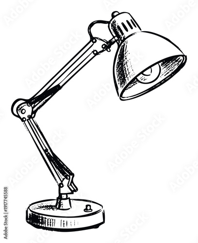 Black and white hand drawn sketch of a classic adjustable desk lamp, perfect for educational materials, office decor inspiration, or graphic design projects requiring a vintage lighting