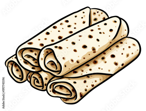 Rolled lavash wraps flatbread cartoon illustration