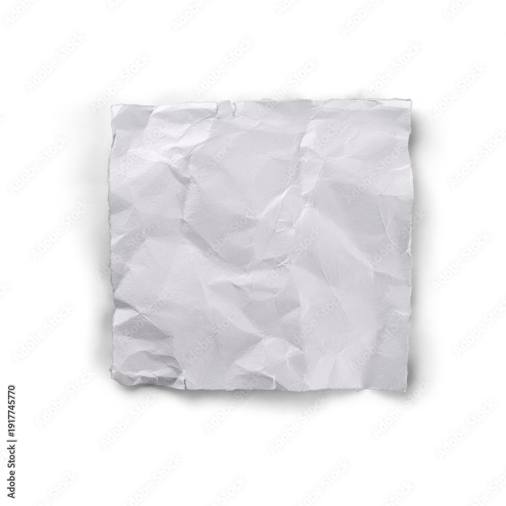 Obraz premium Square White Crumpled Paper Scrap with Soft Shadow and Wrinkled Surface Texture Isolated on White Background for Minimalist Note and Message Design Mockups