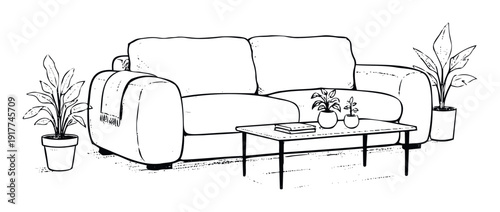 Detailed line drawing of a comfortable living room interior with a sofa coffee table and potted plants perfect for home decor concepts or architectural layouts