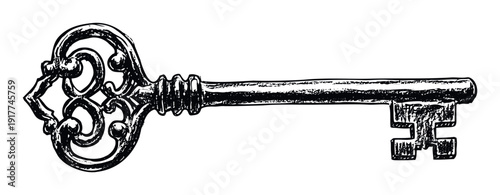 Ornate vintage skeleton key with a classic decorative bow and a unique bit, perfect for historical, mystery, or symbolic concepts for print and digital media