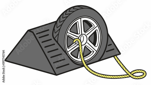 A tire on a grey ramp being pulled by a yellow rope from a top view