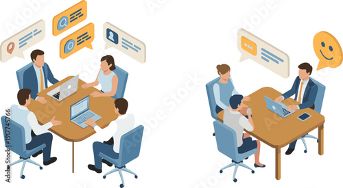 Isometric illustration of business team meeting with laptops online communication chat icons and customer feedback concept