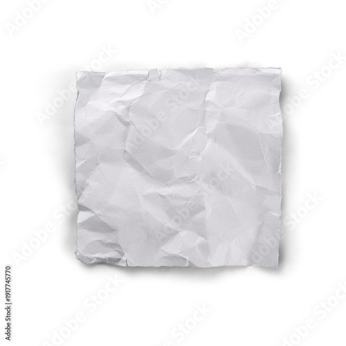 Square White Crumpled Paper Scrap with Soft Shadow and Wrinkled Surface Texture Isolated on White Background for Minimalist Note and Message Design Mockups