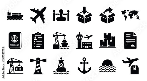 Comprehensive collection of essential black solid vector icons representing global logistics, air and sea transportation, customs, and freight services for business and travel applications