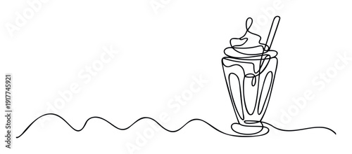 Continuous single line drawing of a delicious creamy milkshake dessert with whipped cream and a spoon in a tall glass, perfect for a modern cafe menu or sweet treat advertisement.
