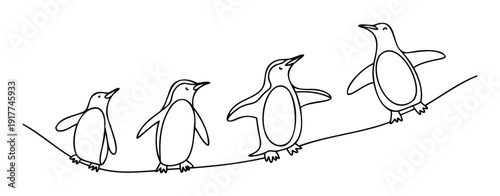 Dynamic black outline illustration depicting a lively group of cute penguins marching together in a continuous motion, ideal for various media projects and playful branding.