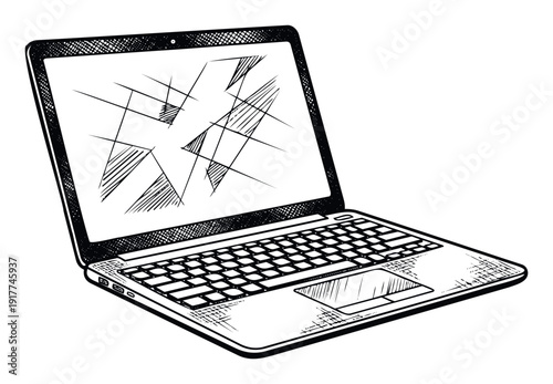 Sketch of a modern laptop with a severely cracked screen symbolizing technology damage or device malfunction, ideal for repair service advertisements or graphic design projects.