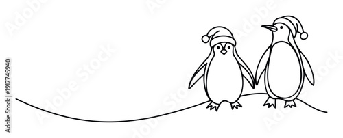 Two adorable penguins wearing festive Santa hats holding flippers together on a line, perfect for winter holiday greetings, invitations, or cheerful seasonal marketing materials
