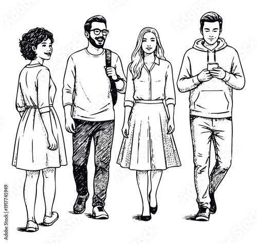 A group of four young adults, two women and two men, are shown walking and using a smartphone, perfect for illustrating modern student life or casual social interactions.