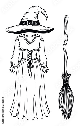 Black and white line art depicting a classic witch costume including a traditional pointed hat and a magical broomstick, perfect for Halloween events or themed graphic design projects