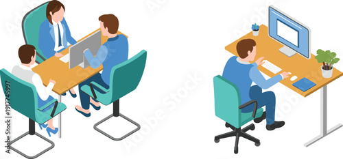 Isometric illustration of office team meeting and employee working at computer, modern corporate workspace business collaboration concept