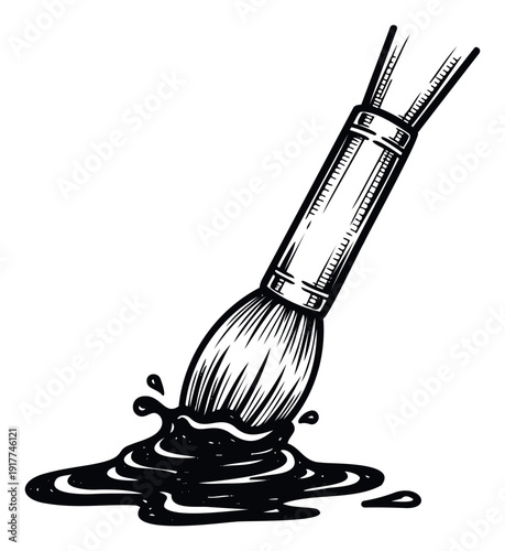 Painters paintbrush dipping into a splattering puddle of black ink, illustrating creativity and the artistic process for graphic resources, educational content, or art studio branding