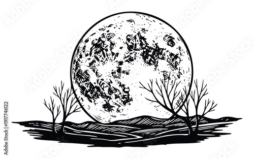 Detailed full moon illuminating a desolate landscape with silhouetted bare trees, creating a spooky night scene ideal for Halloween events, celestial observations, and natural environment