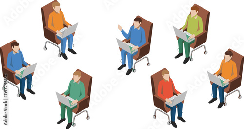 Isometric illustration of remote team members using laptops in virtual meeting online collaboration and digital communication concept