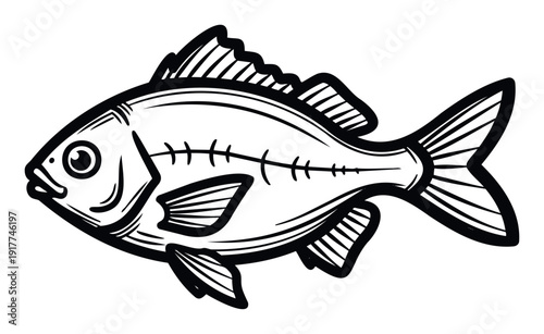 A bold graphic outline drawing of a stylized fish, perfect for creating engaging seafood packaging, fresh restaurant menus, or unique aquaticthemed branding and educational content.
