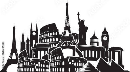 Famous landmarks and monuments of the world in silhouette